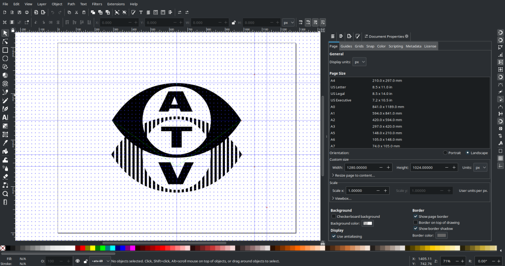 The ATV logo shown drawn as a vector image on a BBC Micro-sized grid in Inkscape.