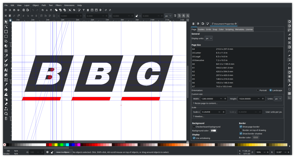 The 1991 BBC logo shown drawn as a vector image on in Inkscape, with various guide lines I drew to speed entering the coordinates into Owlet.