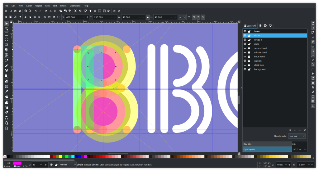 A screenshot of the open-source vector graphic editing programme Inkscape editing a BBC1 logo from 1981. The logo is overlain with circles and rectangles to show how the capital letter "B" is constructed from basic shapes.