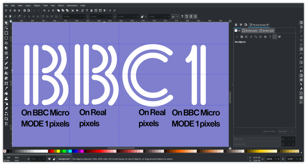 A screenshot of the open-source vector graphic editing programme Inkscape editing a BBC1 logo from 1981. Two glyphs (the  second "B" and "C" are shown as I originally drew them, and two glyphs (the first "B" and "1") are shown aligned to BBC1 MODE1 pixel boundaries to allow you to compare them. The text says "On BBC Micro MODE 1 pixels" beneath the two aligned glyphs and "On Real pixels" beneath the non-aligned glyphs.