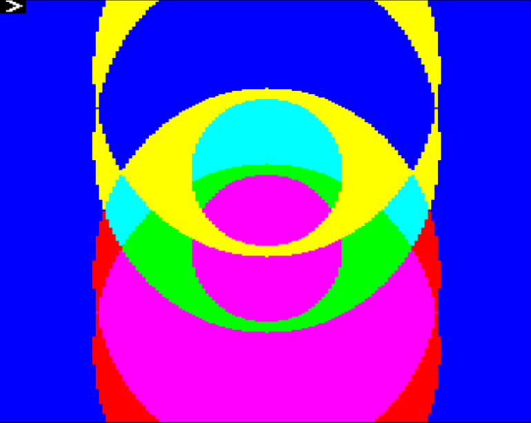 A BBC Micro screenshot showing the overlapping circles and ellipses that make up the two eyes in the ATV logo.
