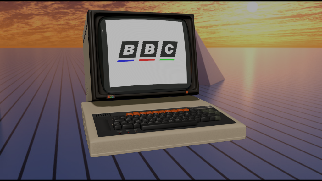 A fully-working CGI 3D Model and emulator of the BBC Microcomputer (VirtualBeeb). It is running a BBC Basic program that draws the 1991 BBC logo.
