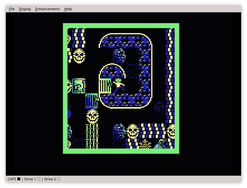 A screenshot of Screen A of the level set Vivace in the game Repton The Secret Realms. The screenshot is running in the ClockSignal emulator, with S-Video emulation, so the colours are slightly washed out.