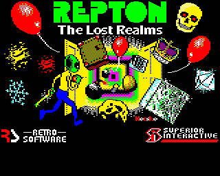 Repton The Lost Realms BBC Micro and Acorn Electron Mode 2 loading screen.

The loading screen shows Repton, holding a key and a pill in front of a pair of open double doors. Out of the doors various items (balloons, skulls, eggs, bombs, etc.) are flying out towards the viewer.

The text says "REPTON The Lost Realms" at the top centre. At the bottom left there is text which says "Retro Software", accompanied by the red and white RS logo. At the bottom right is text saying "Superior Interactive" accompanied by the red and white SI logo. The image contains the "Kecske" artist signature.