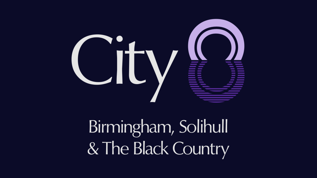 Purple caption with white text: "City 8 Birmingham, Solihull & The Black Country". There is a logo made up of a canal tunnel arch making up a letter 8.