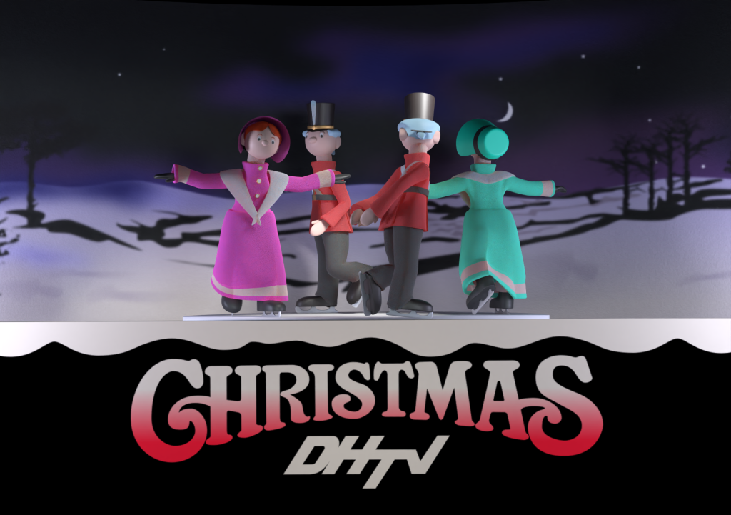 A pastiche of the BBC1 Christmas model from 1980 created in Blender. A model of four figures in Victorian dress ice-skating in a circle with a nighttime background of hills and trees. The four figures are all created in the style of Gordon Murray's Trumptonshire puppets. The two male figures are dressed in soldiers uniforms, the two female figures have bonnets, gloves and shawls. The moon and stars are visible in the sky. the bottom third of the screen has a caption which reads "Christmas DHTV".